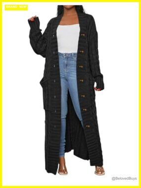 Womens Cable Knit Chunky Cardigan Extra Long Button Sweater